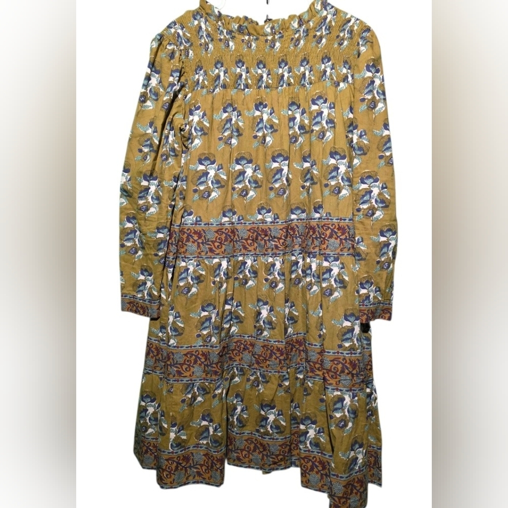 Victoria Dunn Smocked Floral Dress Cotton M Olive Blue